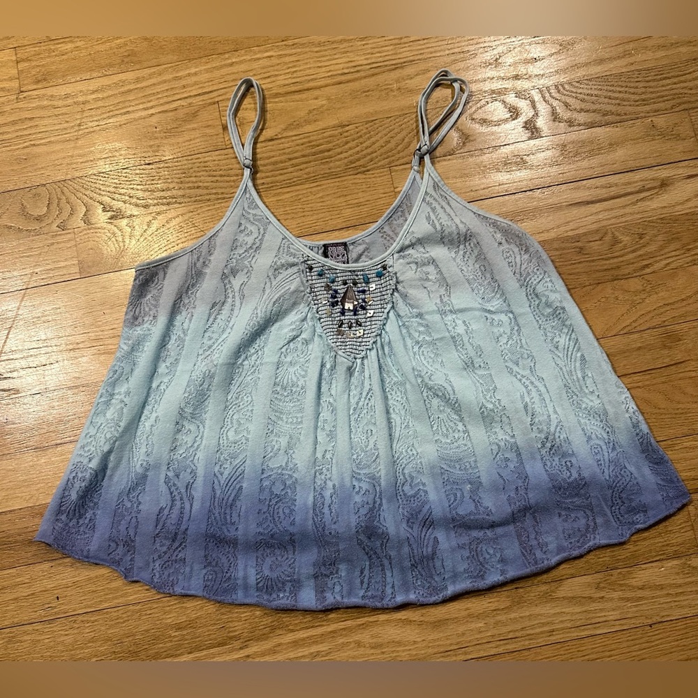 Free People Vintage Blue Ombre Beaded Design Spaghetti Strap Swing Tank (M)